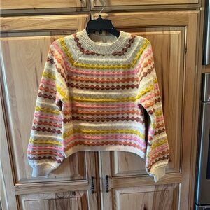 Striped Crewneck Sweater in Cream with Pink, Yellow & Brown